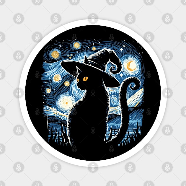 Vintage Scary Halloween Black Cat Costume Witch Hat Moon Magnet by JessArty